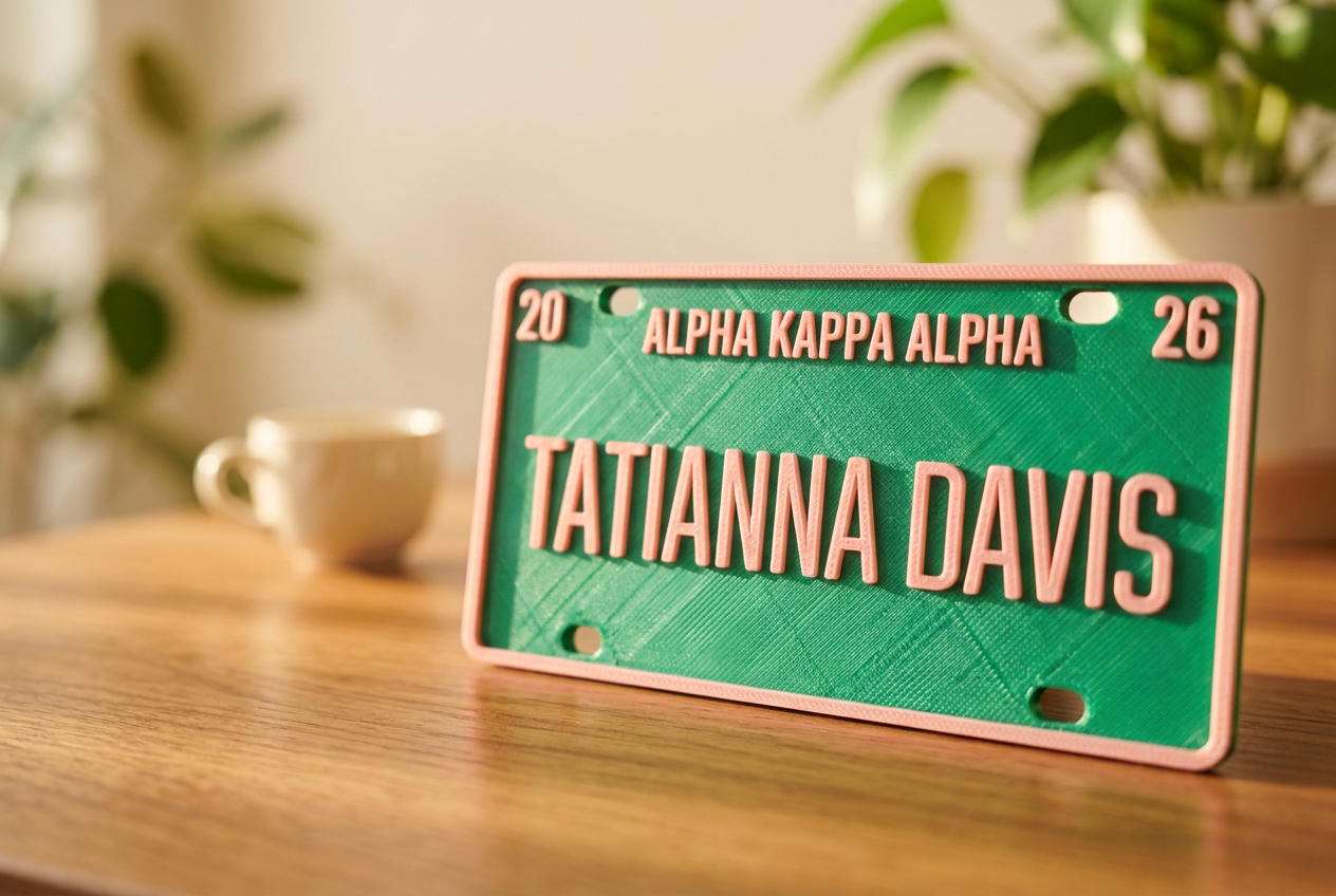 Green Alpha Kappa Alpha mini license plate personalized for Tatianna Davis
